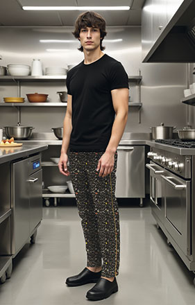 Calças com estampado de cozinha Jobs